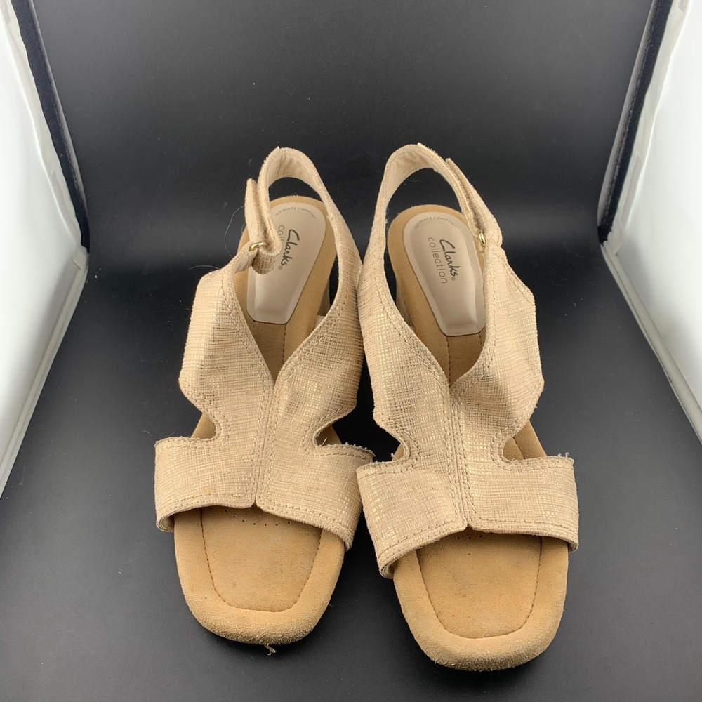 Clarks Kyarra Aster Slingback Women 10 Beige Leather Wedge Heels Open Toe